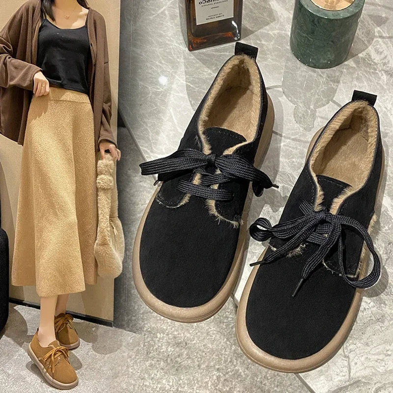 Soufree  -  Classic Flats Woman Winter Casual Lace Up Round Toe Sweet Shoes Woman Solid Platform Flats Plus Size Zapatillas Mujer Shoes