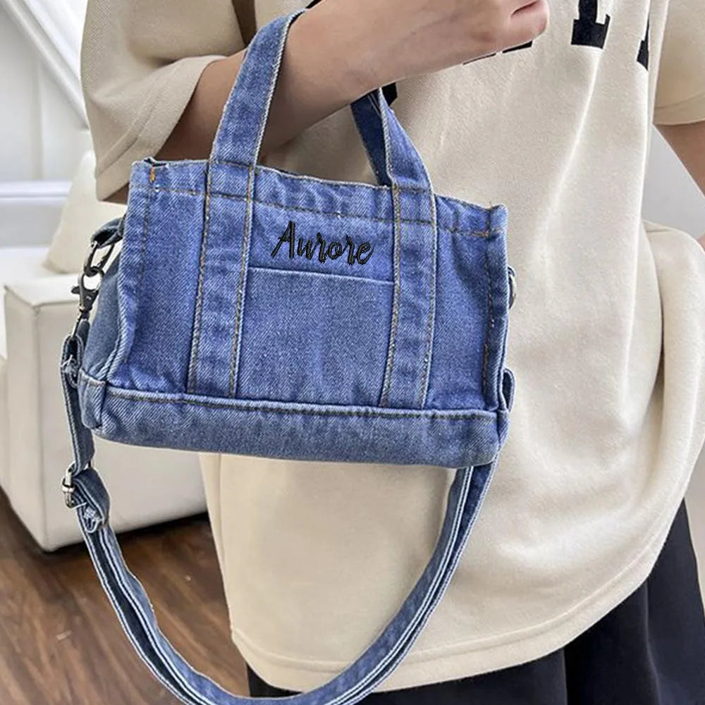 Soufree  -  Name Embroidered Korean Summer Canvas Bag Denim One Shoulder Crossbody Bag Casual Versatile Handheld Women's Cloth Bag