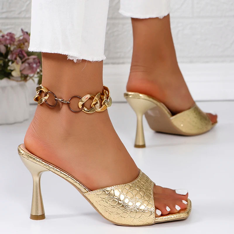 Soufree  -  Luxury Gold Silver High Heels Sandals Women Slip On Square Toe Summer Slippers Woman Plus Size 43 Thin Heeled Party Shoes