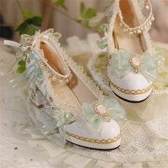 Soufree  -  French Vintage Lolita Girls Shoes Elegant Tea Party Palaca Ribbon Bowknot Pearls Gems Lace Pointed Sandals 5-6cm High Heeled