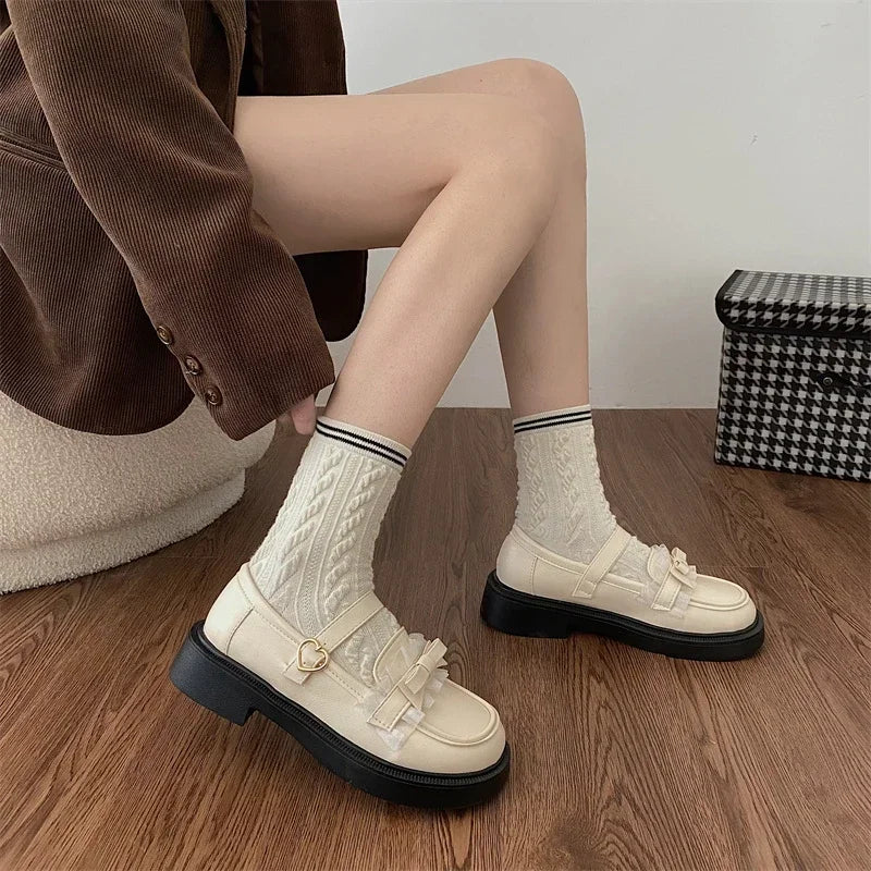 Soufree  -   New Lace Bowknot Lolita Shoes Women Casual Soft Leather Flats Loafers Outdoor Female Heart Buckle Platform Mary Jane Shoes