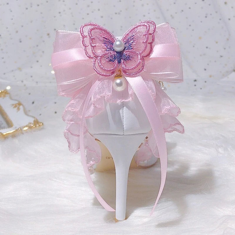 Soufree  -  Lolita Sweet Pink Lace Bowknot Rhinestone High Heels Women Shoes Pointed Pearl Tassel Bridal Wedding Shoes Flower Wedding Shoes