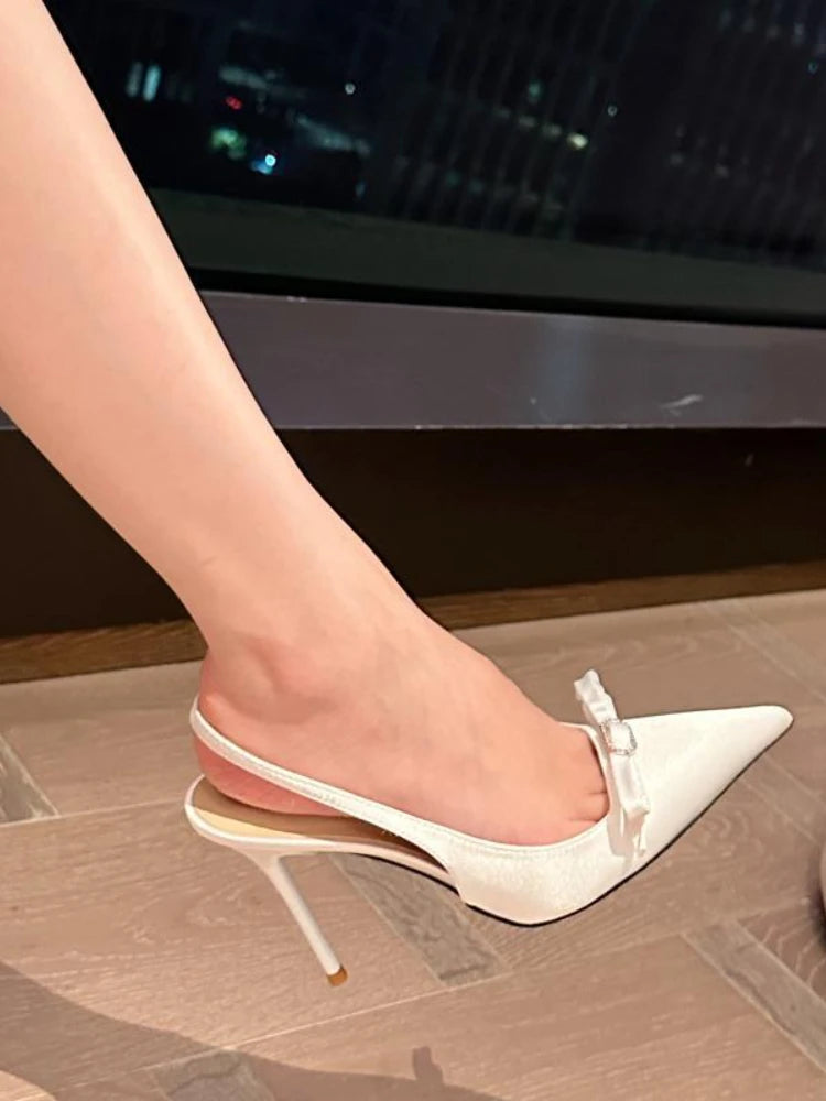 Soufree  -  Pure Color Sexy Sandals Women Summer High-heeled Stiletto Shoes Female Pointy Diamond-bow French Temperament Single Shoes