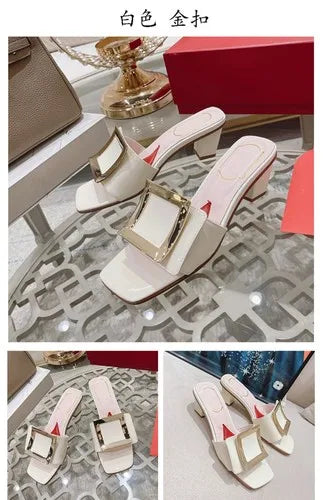 Soufree  -  Square buckle rhinestone fashionable women's shoes new square toe low thick heel open toe elegant sandals for external wear