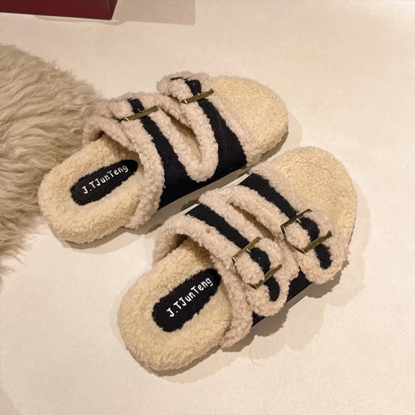 Soufree  -  House Slippers Platform Fur Shoes Glitter Slides Beige Heeled Sandals Slipers Women Med Plush Jelly Soft Flat Black Casual