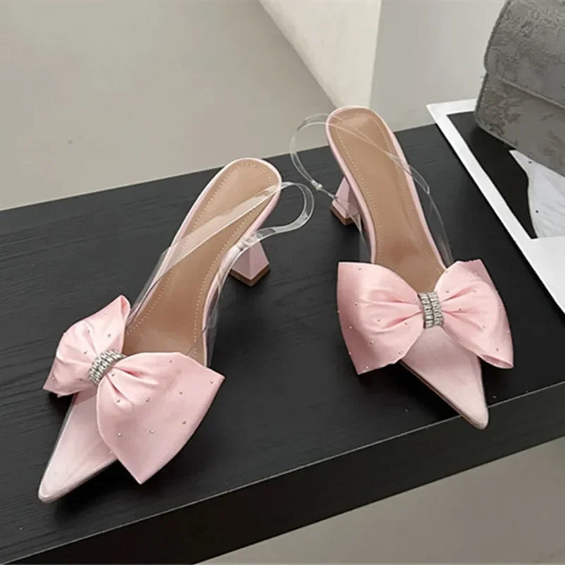 Soufree  -  Women Pumps Fashion Butterfly-knot Pointed Toe PVC Transparent High Heels Sandals Summer Wedding Banquet Female Mules Shoes