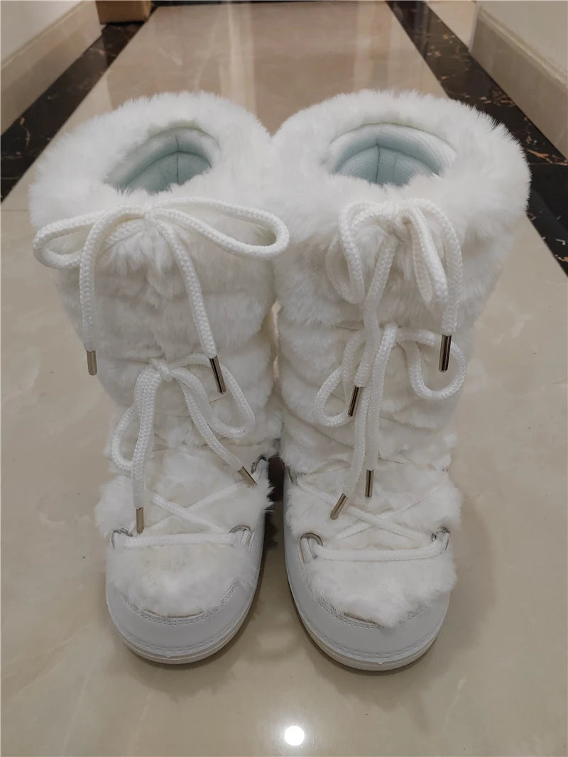 Soufree  -  Winter Snow Boots Women White Fur Boots Woman Luxury Thick Fluffy Furry Faux Rabbit Fur Lace-up Waterproof Warm Ski Boots