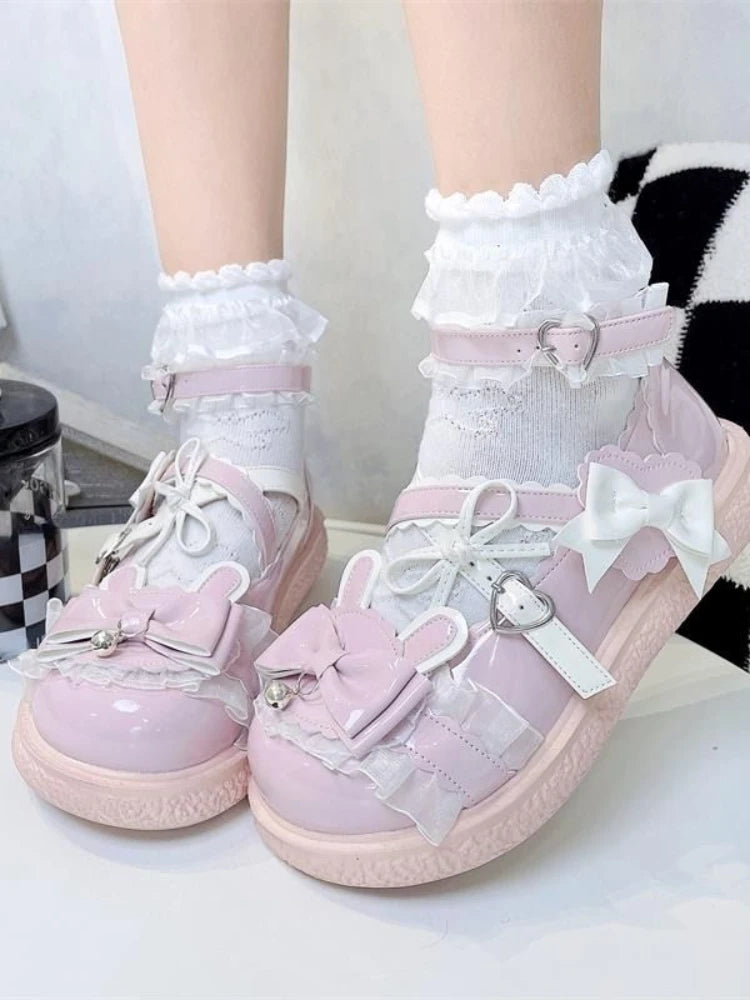 Soufree  -  Pink Bow Sweet Cute Causal Sandals Women Japanese Style Lolita Round Toe Shoes Ladies Ribbon Kawaii Princess Flat Shoes New