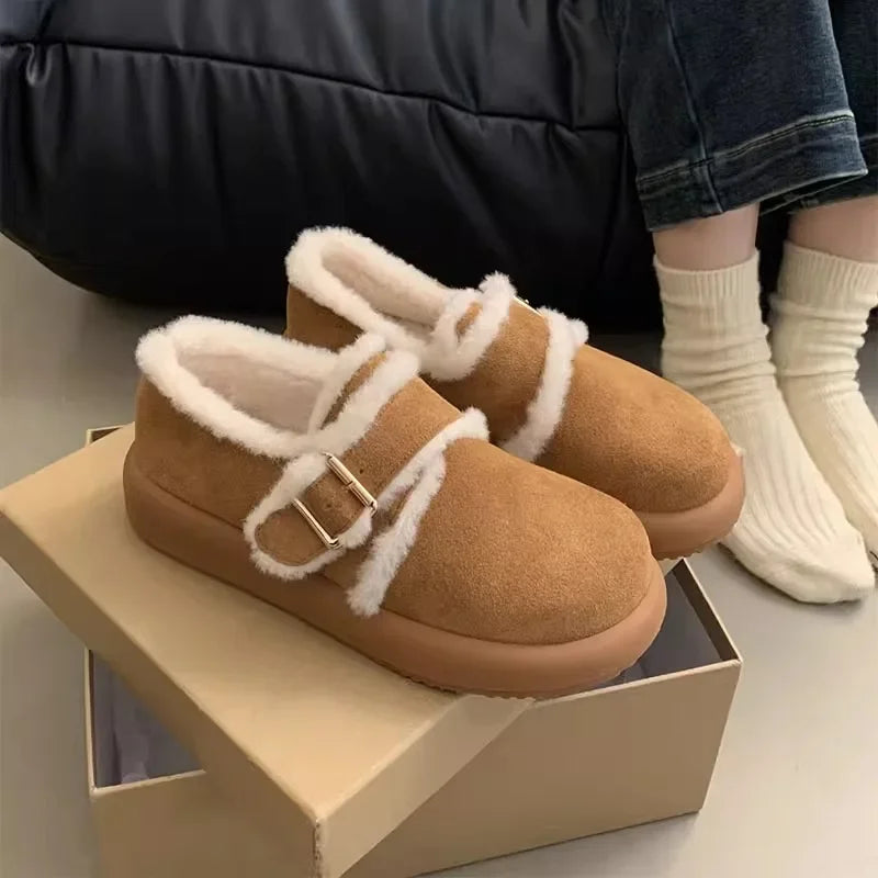 Soufree  -  New Winter Women Shoes Casual Flats Women Moccasins Soft Loafers Fashion Thick Heel Warm Plush Slip on Female Cotton Shoes