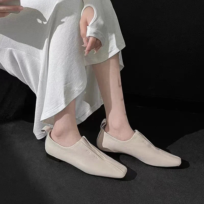 Soufree  -  Women Flat Shoes Genuine Leather Sheepskin Comfort Flats Slip On Silver Beige Simple Shoes Spring Autumn Soft Loafers Square Toe