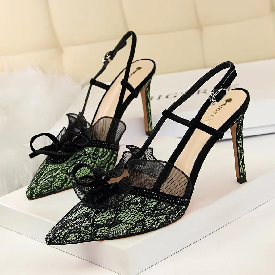 Soufree  -  Fashion Women Sandals Mesh Rhinestone Lace Hollow Kitten Pumps Stilettos Summer 313-5Thin High Heel Single Shoes Grace Slippers