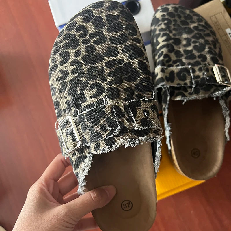 Soufree  -  Spring Classic Women's Closed Toe Cork Sandals Slippers Ladies Leopard Cork Slippers Camo Mule Clogs Shoes Flats Hot Sale