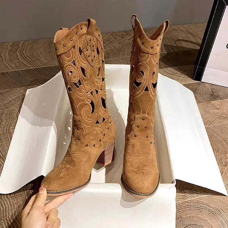 Soufree  -  Hollow Embroidered Vintage Western Boots Women Autumn Chunky Heels Knee High Cowboy Boots Woman Pu Leather Knight Booties