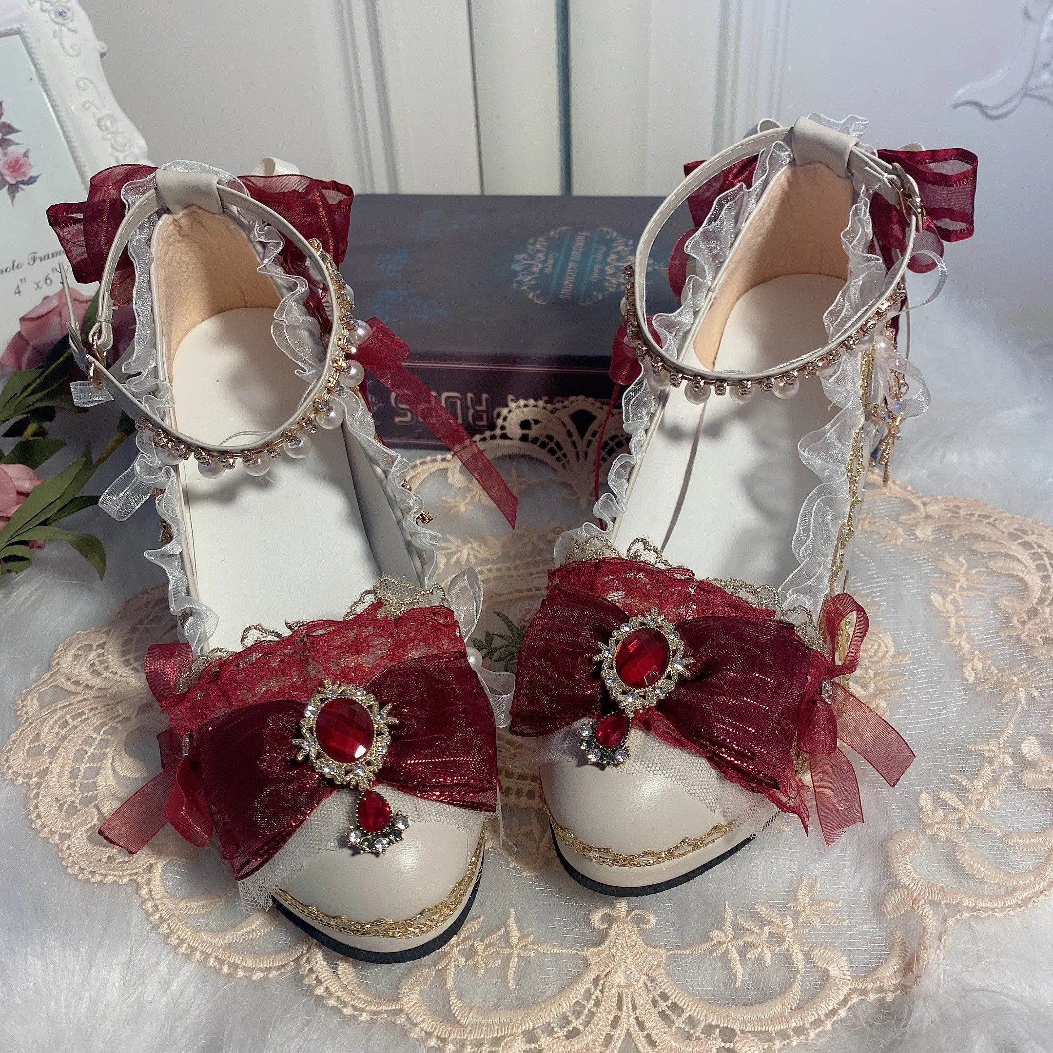 Soufree  -  Cos Girl Heart Lolita Handmade Round Head High Heel Lo Shoes Japanese Sweet Loli Girl Tea Party Flower Wedding High Heel Shoes