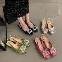 Soufree  -  Block Heels Rhinestone Sandals  Summer Clear Shoes Suit Female Beige Square Toe Buckle Chunky Black Closed New Retro Open Co