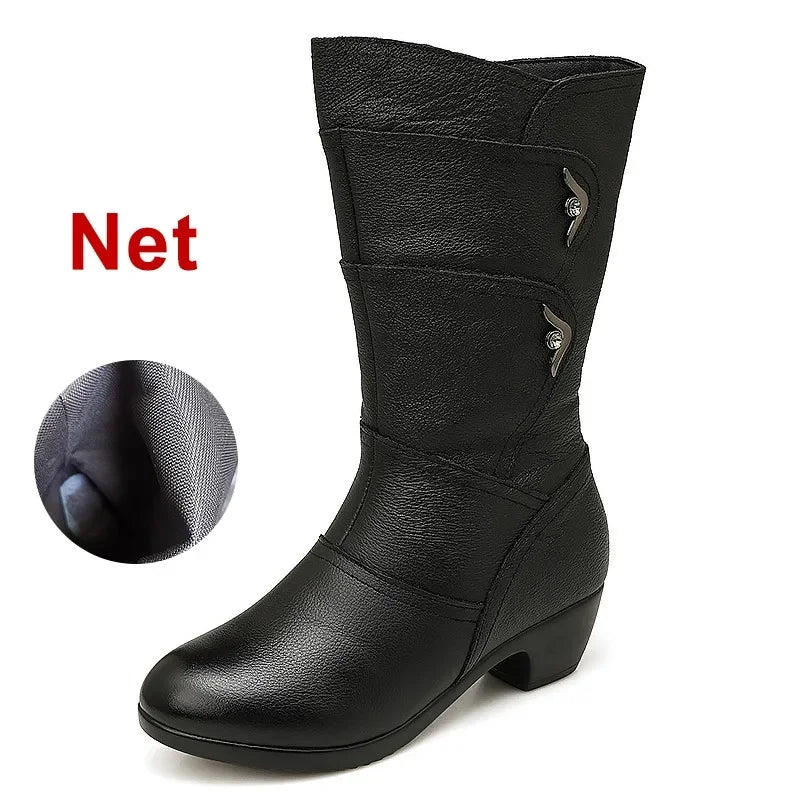 Soufree  -  Rubber Boots for Women Black PU Leather Women's Shoes Mid-Calf Boots Non Slip Design Spring Winter Shoes Black Boots