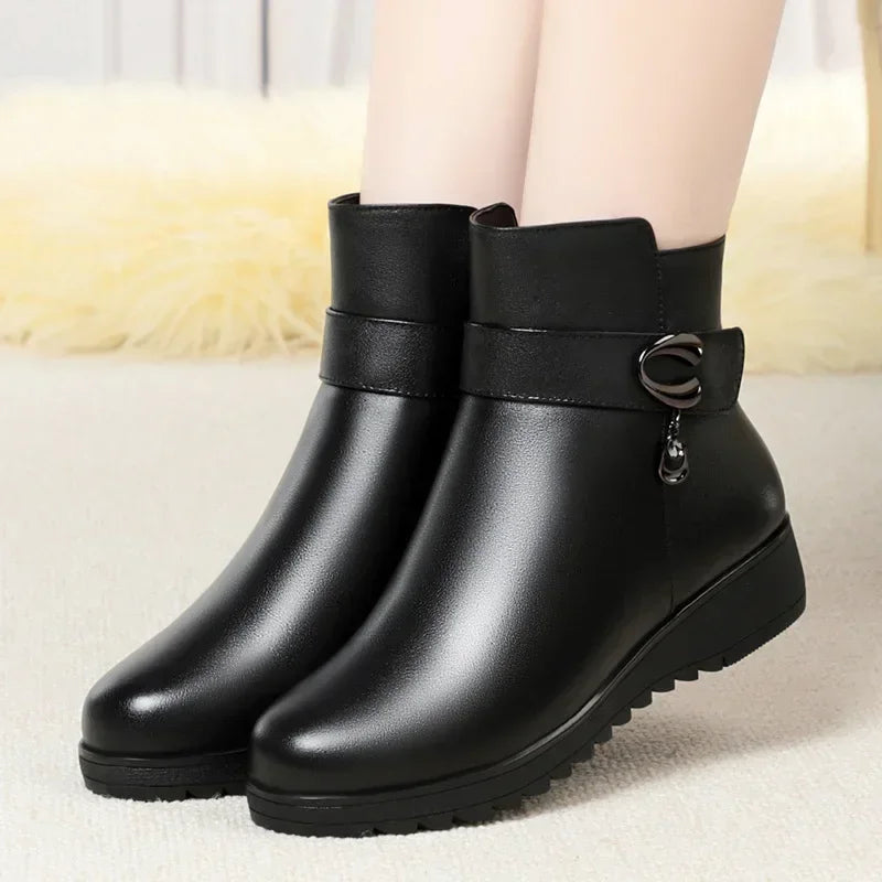 Soufree  -  unique shoes Mum Warm Cotton Shoes Women Winter Fleece Side Zip Thick Bottom Short Boots Leisure Round Head Flats Bota Inverno Feminina