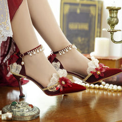 Soufree  -  One Night Story Lolita Shoes Slim Heels Cos Loli Girl Flower Wedding Bride Chinese Style High Heel Wedding Shoes