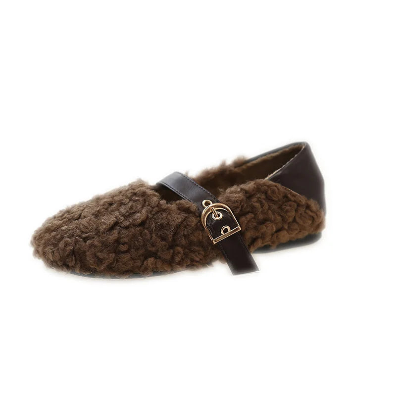 Soufree  -  Designer Vintage Women Fur Flats Shoes Fashion Shallow Belt Buckle Shoes Spring Autumn Ladies Elegant Keep Warm Shoes