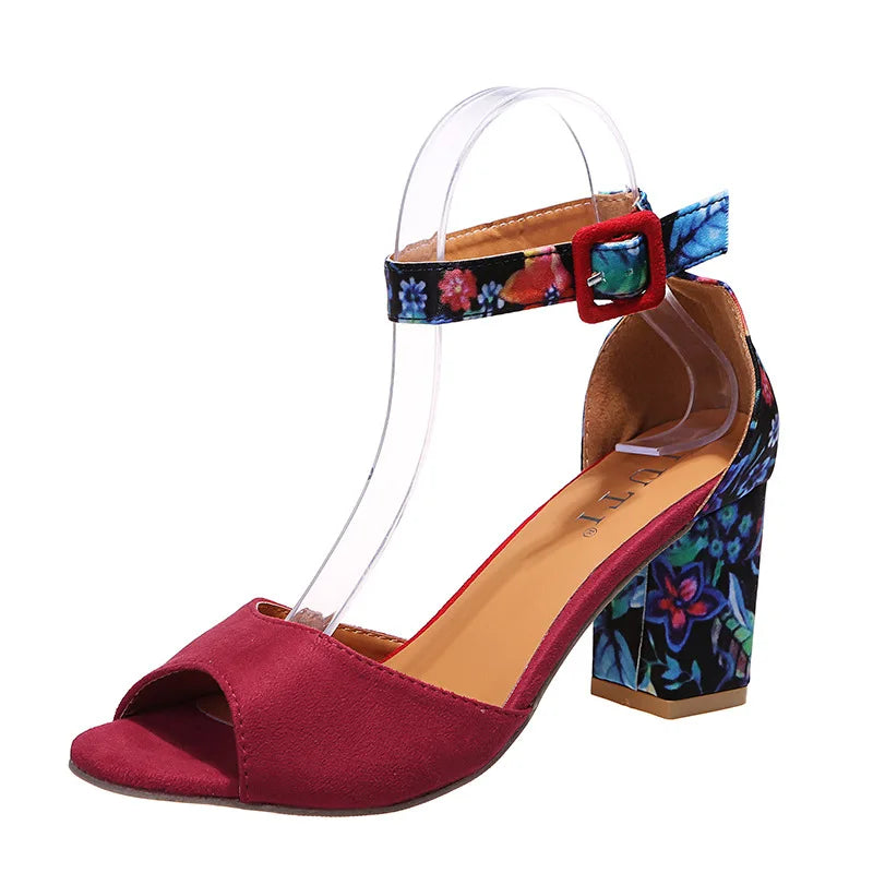 Soufree  -  unique shoes Fashion Women Black Flock Flower Color High Heels Sandals Female Pumps Peep Toe Ankle Strap Platform Shoes 35-43