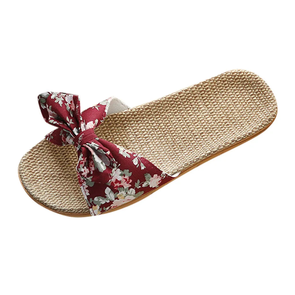 Soufree  -  Women Slippers Flip Flops Female Bowknot Sweet Shoes Flax Beach Linen Slippers Shower Quick Drying Leisure Ladies Slippers