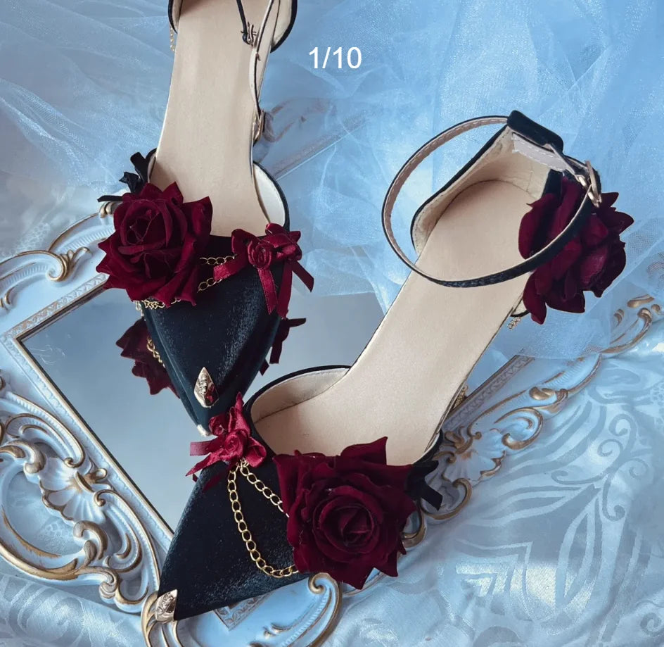 Soufree  -  Black Red Gothic Lolita Shoe Wedding Lolita High Heels For Ladies Rose pointed toe dress shoes for womenluxury shoes sss grade