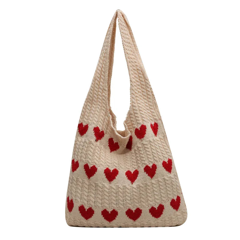 Soufree  -  Heart Knitted Women's Bag Knit Eco Bag Korean Foldable Shopper Y2K Crochet Rope Shoulder Bag Sweet Knitting Handbag Ins Tote Bag