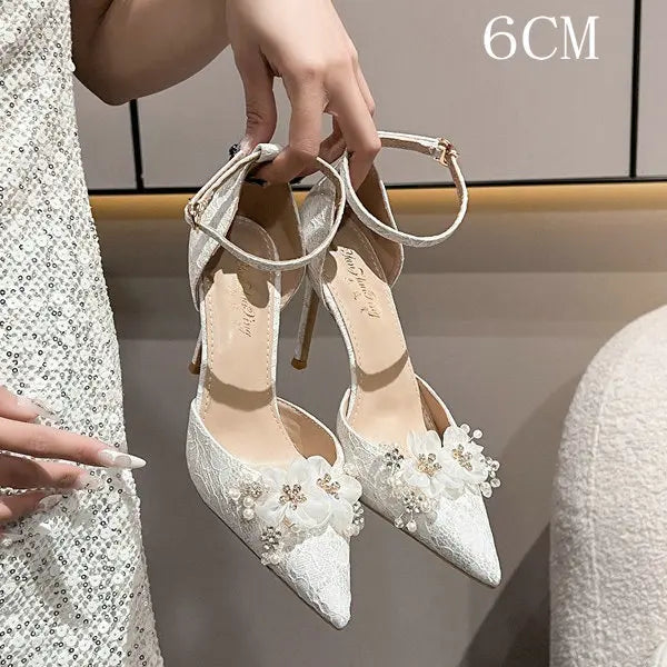 Soufree  - European Summer Sandals Thin Heel Pointed Toe High Heels Fashion White Flower Wedding Shoes Bridesmaid Pumps