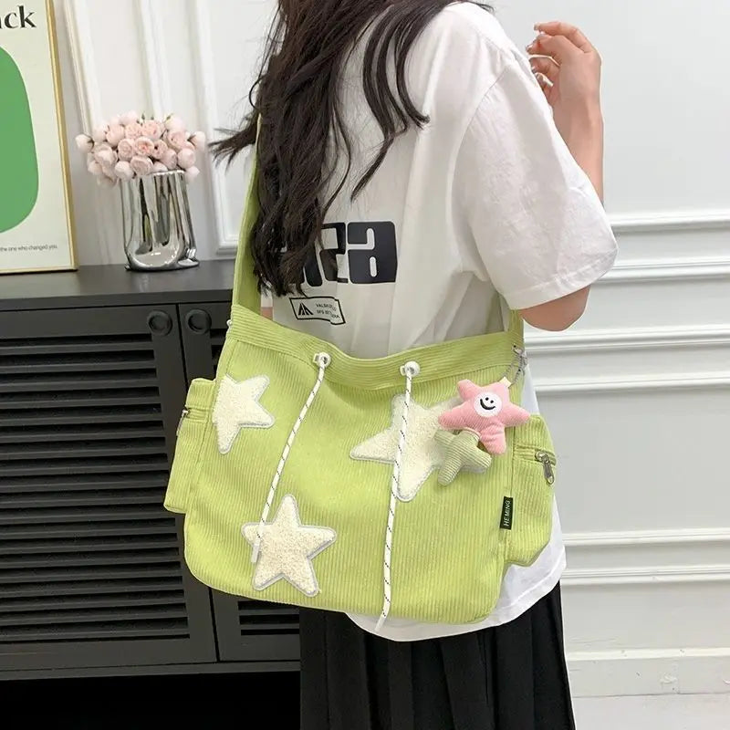 Soufree  -  Niche Design Handbag Star Female Student Large Capacity Commuting Tote Corduroy Shoulder Crossbody Bag New