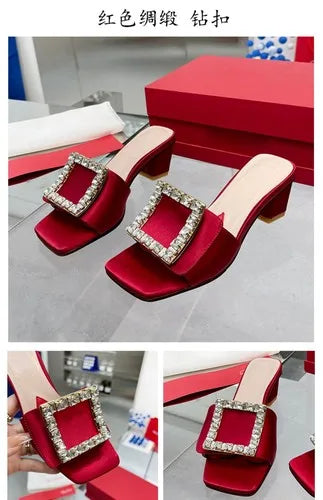 Soufree  -  Square buckle rhinestone fashionable women's shoes new square toe low thick heel open toe elegant sandals for external wear