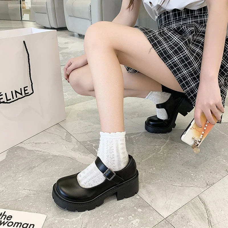 Soufree  -  Lolita Shoes Japanese Girl Platform Black high heels fashion Round Toe Mary Jane Women Patent faux Leather Student Cosplay Shoes