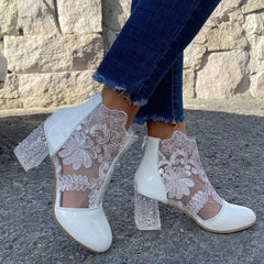 Soufree  -  Ethnic Style Women Retro Lace High Heels Ankle Boots Autumn Embroider Pointed Toe Platform Short Boot Thick Heeled Pumps Zapatos