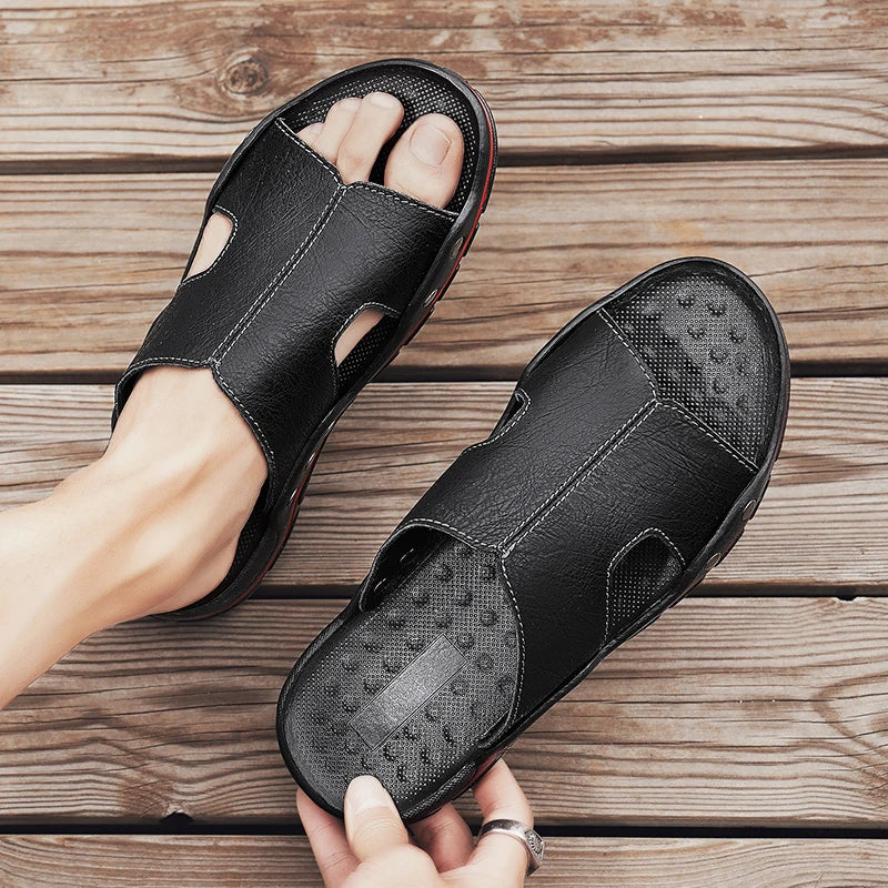 Soufree  -  Fashion Leather flip flops Men Slippers Home Sandals PU Leather Print Men Summer Shoes Sandalias Comfort Beach Sandals Large