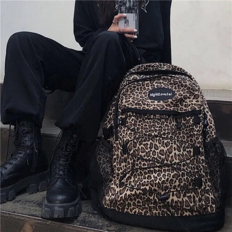 Soufree  -  Trendy Casual Leopard Print Women's Backpack Korean Large Capacity Versatile Leisure Schoolbag Y2k Unisex Travel Backpack