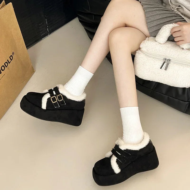 Soufree  -  Winter Fur Women Mary Jane Shoes Fashion Belt Buckle Shoes Outdoor Platform Heel Warm Cotton Shoes