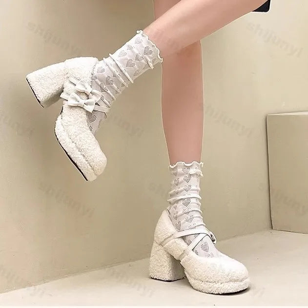 Soufree  -  Platform Lambs Wool Mary Jane Shoes for Woman Fashion Bowknot Fur Thick Sole Pumps Ladies Winter Warm Plush Dress High Heels