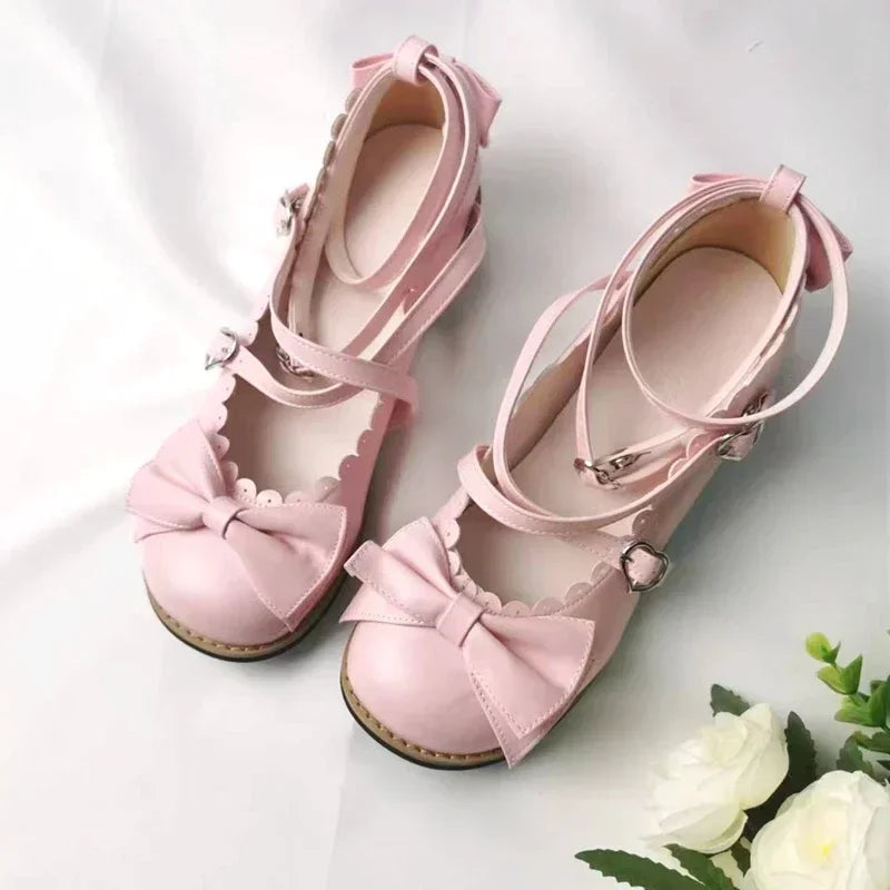 Soufree  -  Lolita Shoes Women Flats Low Round With Cross Straps Bow Cute Girls Princess Tea Party Shoes Students Lovely Shoes Size 34-41