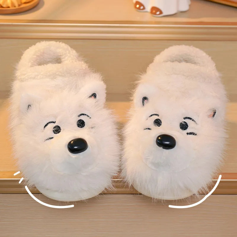 Soufree  -  Cute Cartoon Dog Fluffy Shoes For Women Men Winter Home Floor Slippers Anti-slip Light Weight Couples Indoor Warm Footwear