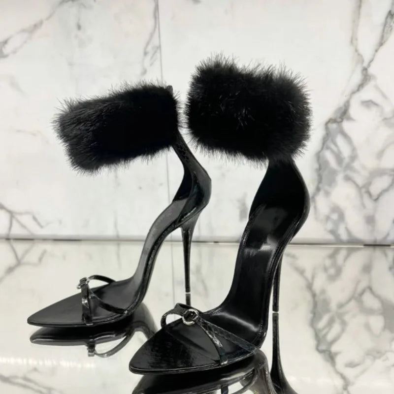 Soufree  - New Summer Sandals European Black Banquet With Sexy Mink Hair Sandals Women High Heels