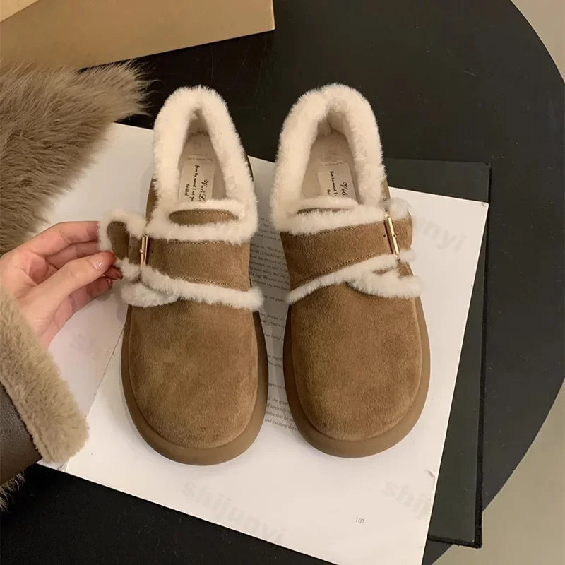 Soufree  -  New Winter Women Shoes Casual Flats Women Moccasins Soft Loafers Fashion Thick Heel Warm Plush Slip on Female Cotton Shoes