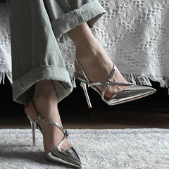 Soufree  -  New Design Silver Patent Leather Pumps Cross Line Buckle Pointy Heel Sandals For Women