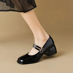 Soufree  -  Large Size 34-43 Mary Jane Shoes Women Block Heel Patent Leather Black Shoes