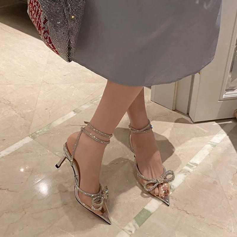 Soufree  -  Summer Thin Heels Shiny Crystal Pumps Women Rhinestone Ankle Strap Wedding Party Shoes Woman Sexy Clear Pvc High Heels Shoes