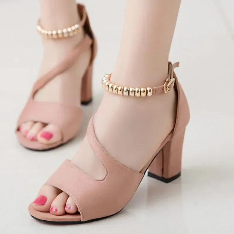 Soufree  -  spring summer sexy fish mouth hollow Roman sandals thick with word with beaded high heels female summer Sexy female sandals