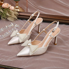 Soufree  - French Wedding Shoes Women New White Bridesmaid Shoes Bow High Heels Elegance Sandals