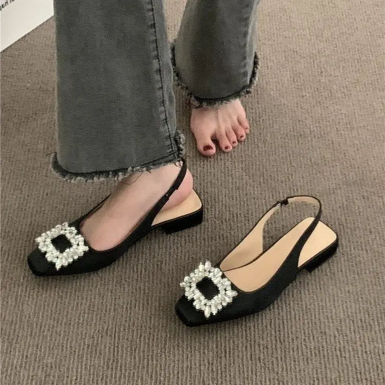 Soufree  -  Block Heels Rhinestone Sandals  Summer Clear Shoes Suit Female Beige Square Toe Buckle Chunky Black Closed New Retro Open Co