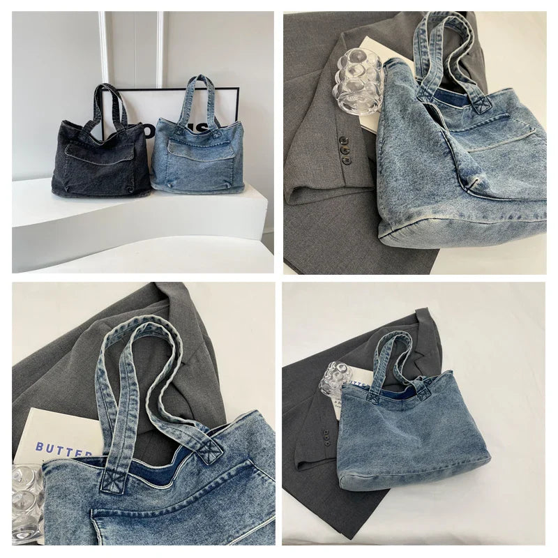 Soufree  -  Large Denim Women's Bag New Jeans Tote Bag Y2K Canvas Shoulder Bag Student Eco Bag Korean Shopper Female Purses and Handbag