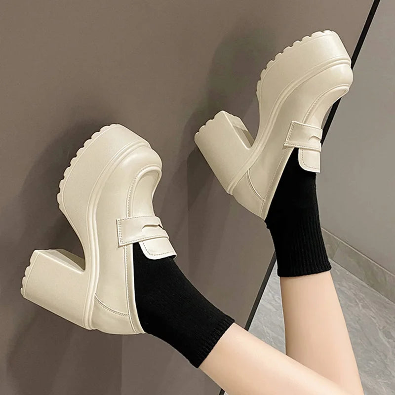 Soufree  -  Black White Chunky Platform Loafers Women Autumn Thick High Heel Pumps Woman Slip On Pu Leather Goth Shoes Female