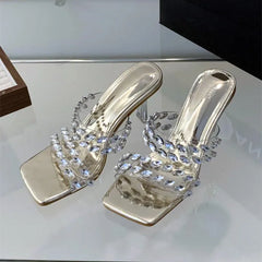 Soufree  -  PVC Transparent Narrow Band Women Slippers Luxury Rhinestone Slides Heeled Sandals Summer Crystal High Heels Sandalias Mujer