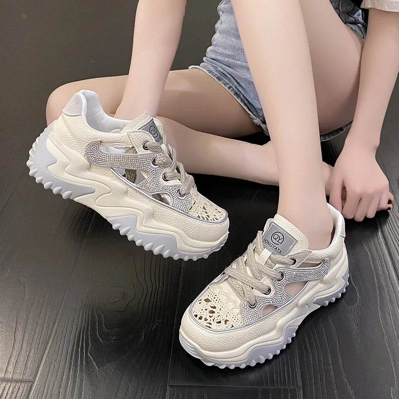 Soufree  -  Classic Women Chunky Sneakers PU High Heels Lace Up Platform Women Shoes Solid Hollow out Round Toe Vulcanize Shoes Plus Size